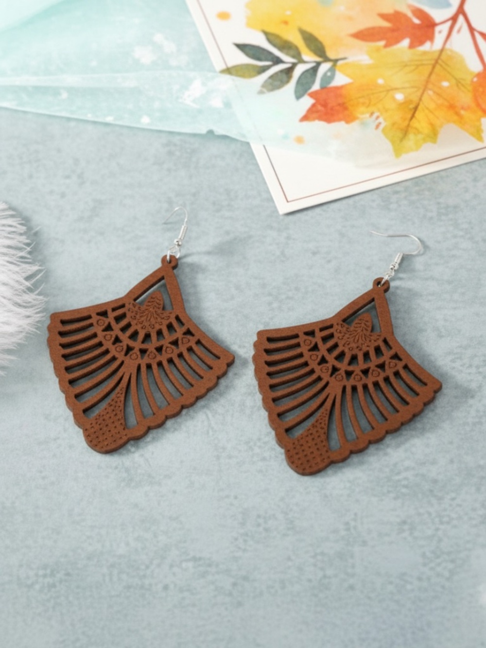 Womens Large Brown Wood 3.5" Lightweight Earrings‎